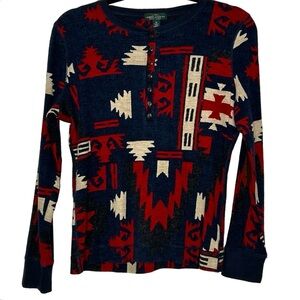 Lauren Ralph Lauren Red/White/Blue Aztec Inspired Patterned Henley Sz M